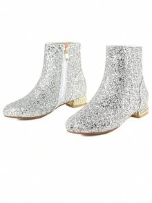 Luxury Womens Glitter Boots Gold Sequins Chunky Heel Ankle Boots Sparkly Booties Zipper Block Heeled Wedding Party Dress Bridal Bridesmaid Blingbling Shoes For Carnival Music Festival Concert - Silver - View 7
