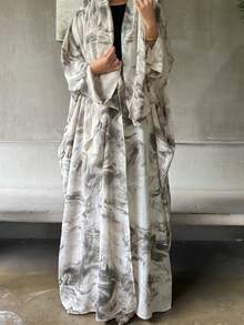 2pcs Elegant Minimalist Watercolor Floral Print Bathrobe With Headscarf, Suitable For Vacation, Beach, Party, Black Spring Wear - Black - View 4