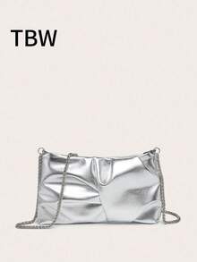 Women's Square Shoulder Bag, Pleated PU Leather, Cracked Texture, Metal Chain, Lightweight & Fashionable, Suitable For Outings And Shopping - Silver - View 1