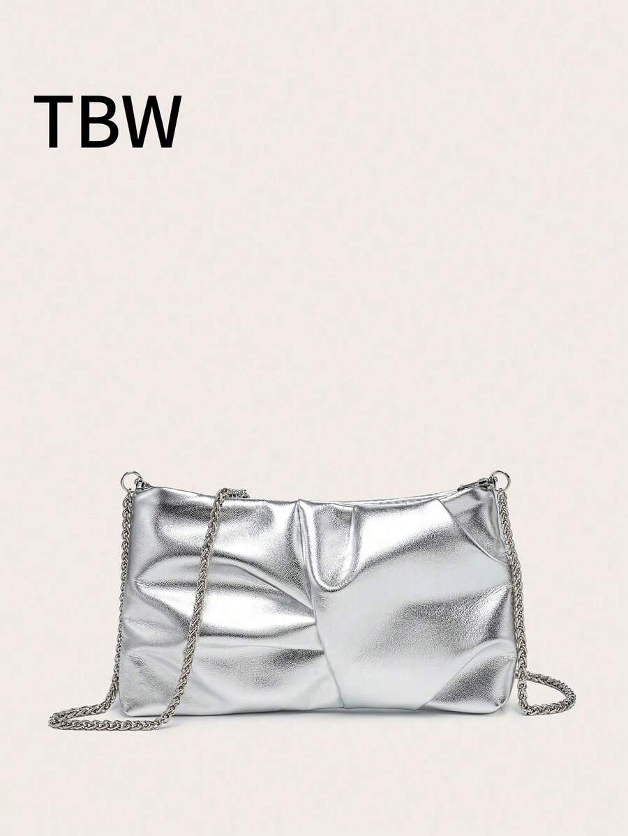 Women's Square Shoulder Bag, Pleated PU Leather, Cracked Texture, Metal Chain, Lightweight & Fashionable, Suitable For Outings And Shopping - Silver - View 1