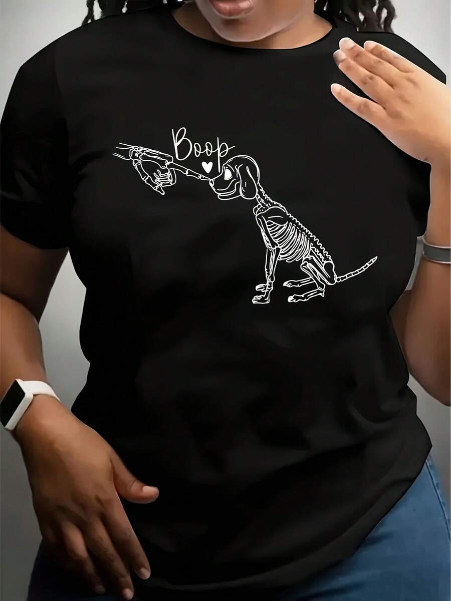 Women's Sports Short Sleeve T-Shirt, Comfortable And Stylish For Sports And Daily Life, Halloween Skeleton Dog Pattern,220g