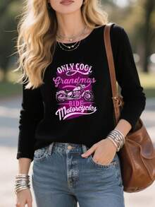 Women's Long Sleeve T-Shirt Only Cool Biker Girls Ride Motorcycles Graphic Tee With Pink Motorcycle Design For Casual Wear And Motorcycle Enthusiasts - 黑色 - 查看 1