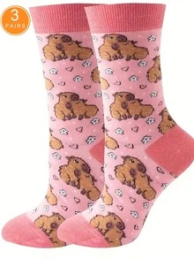1/3 Pairs Pink Capybara Pattern Socks, Suitable For Daily Wear, Handwash, Cute Design With Anti-Slip And Moisture-Wicking Features - Multicolor - View 9