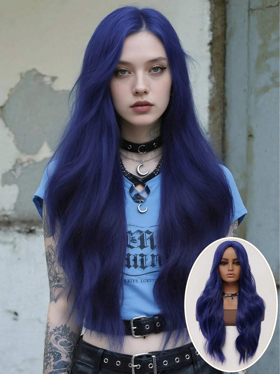 clouder Blue Extra Long Curly Wig 30 Inch Cosplay Wig Halloween Christmas Wig Elegant Soft Matte Hair Loose Curls Casual Going Out Street Punk Wig Rock Wig Fluffy Natural Cool Girl Synthetic Heat Resistant Fiber Wig Suitable For Women Daily Party Wig Music Festival Wig Avant-Garde College Style Wig Modern Fashion Gothic Wig - 藍色 - 查看 1