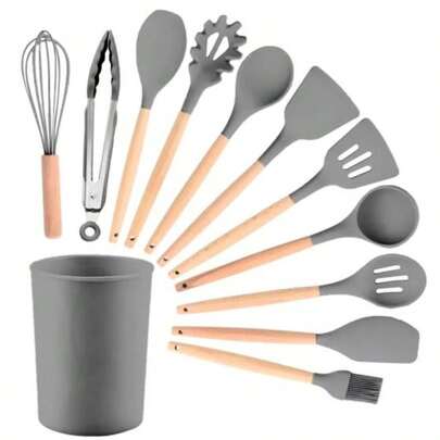 Kit 12 Utensílios Cozinha Silicone Cabo Madeira Resistente Calor Jogo de Utensilios Antiaderente Premium