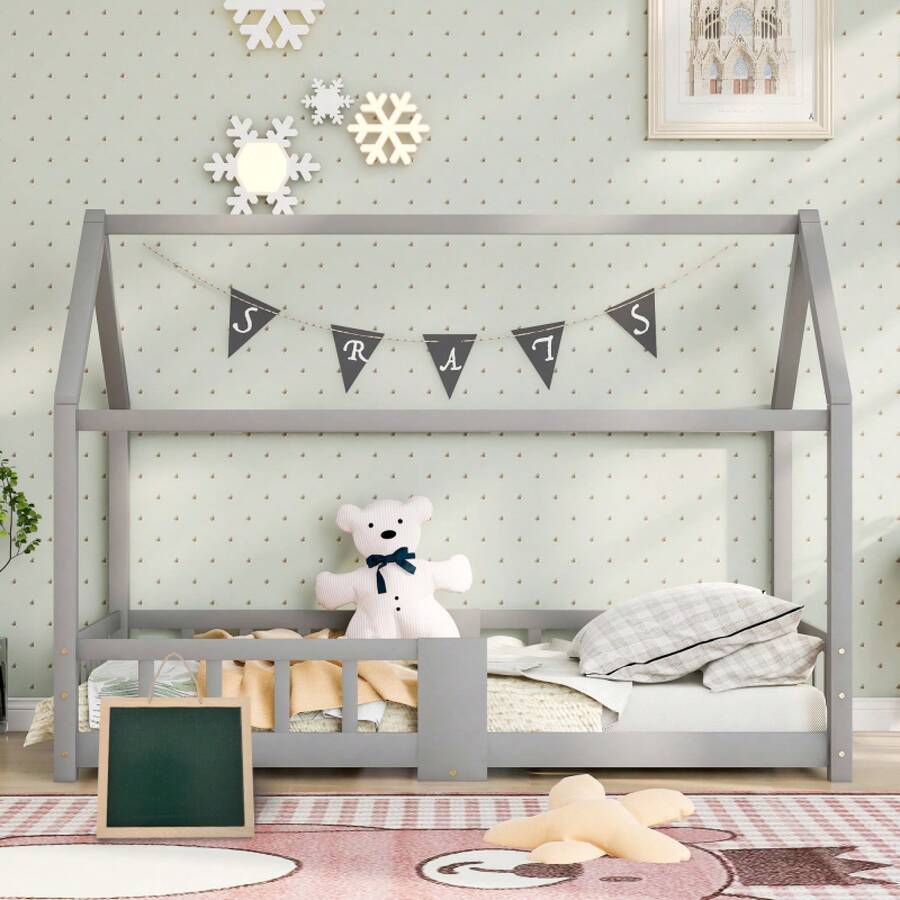 Children's House Bed With Chimney Fall Protection Sturdy Lattice, Pine Wood House Bed For Children 90 X 200 Cm Without Mattress White - Gray + Solid Wood + 90cm*200cm - View 1