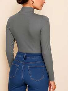 Blusa de manga larga de mujer cuello alto ajustada básica elegante. - Gris - Ver 2
