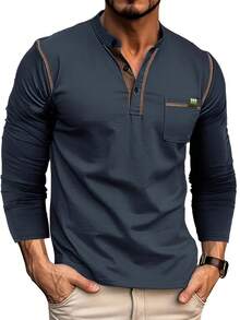 Plus Size Men's Contrast Color Pocket Casual Stand Collar Long Sleeve T-Shirt - Navy Blue - View 1