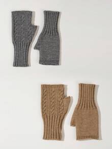 2 Paar einfarbige Stoff-Fingerlose Handschuhe, warme offene Finger Halbfäustlinge für Schule, Zuhause, Alltag, Outdoor im Winter, Büro, Tippen, Schreiben, Handynutzung, einfach & vielseitig, lange gestrickte Manschette