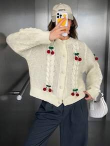 Autumn And Winter Fashion Elegant Urban Casual Women's Autumn And Winter Cardigan Top Apricot Autumn And Winter Women's Cubic Cherry Decoration Autumn And Winter Fashion Comfortable Casual Simple Home Commuter Design Button Decoration Round Neck Long Sleeve Knit Cardigan Knit Top Sweater