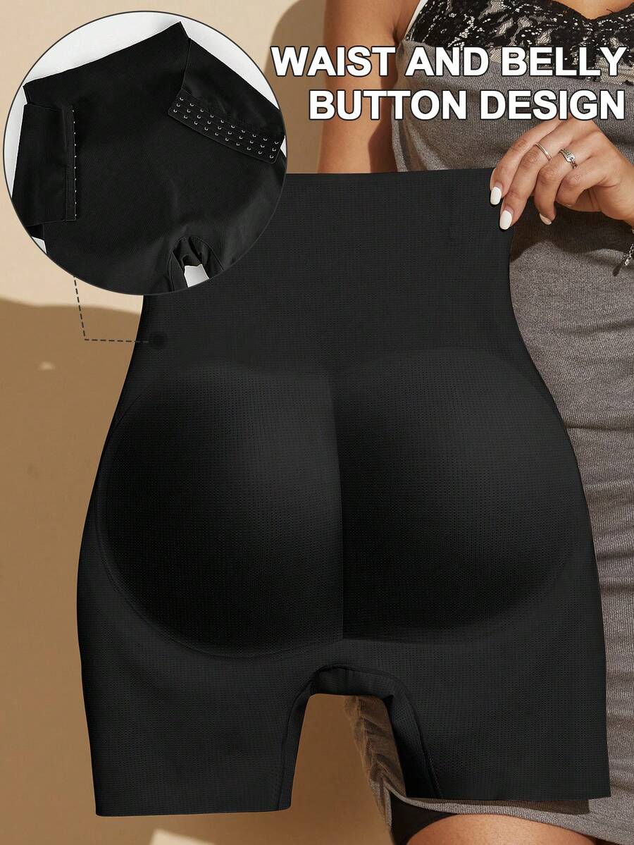 1pc Waist & Navel Design Shapewear For Women, Lifting Waist, Abdomen & Buttocks, Seamless Padded Butt Shaper, Slimming Shorts - Black - View 1