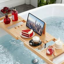 Retractable Bamboo Bathtub Caddy,Bathroom Caddy For Bathside Entertainment & Storage,Bathroom Tray For Tub Side Dining & Device Viewing, Minimalist Look