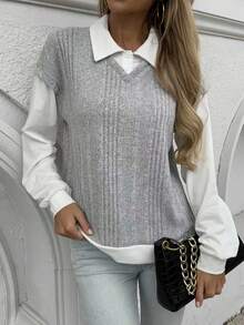 Women's Patchwork Turndown Collar Ribbed 2 In 1 Casual Loose Sweatshirt - Grey - View 4