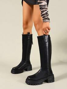 2025秋冬新款女高筒靴，一脚蹬弹力高筒靴，粗跟高跟女靴，舒适弹力女鞋，经典高筒靴，中跟女靴，时尚百搭休闲女高筒靴，女士时尚靴子，女士过膝靴，女士中筒靴，弹力靴 - 黑色 - 查看 6