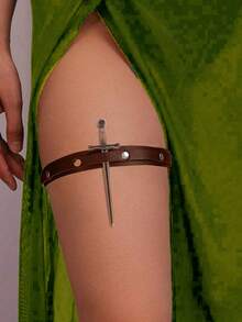 2pcs Medieval Leg Props PU Leather Punk Rivet Leggings Harness With Metal Sword Props, Sexy Adjustable Elastic Leg Garter Halloween Decoration Props - A - View 8