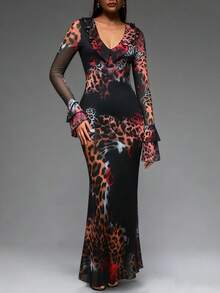 Women's Ruffle Front Pleated Sleeve Leopard Rose Print Fitted Sexy Maxi Dress - Black - View 3