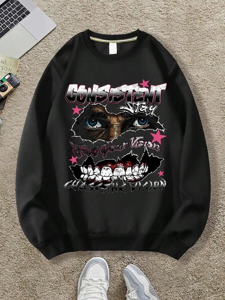 Men's Casual Graphic Print Sweatshirt - Loose Fit Round Neck Pullover With Bold Unconventional Design, Soft Polyester, Machine Washable, Spring-Fall Essential, Gift-Ready, Cute Sweaters,Fall Hoodies,Men's Fall Clothes,Street Wear,Halloween,Mens Hoodies,Y2k Clothes,Jesus Hoodie,Thanksgiving Day,Nightmare Before Christmas,Christmas - Black - View 1