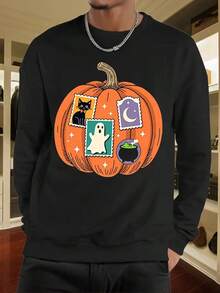 Men'S Halloween Pumpkin Patchwork Sweatshirt With Black Cat, Moon & Cauldron Print - Spooky Orange & Purple Graphic Pullover, Long Sleeve Round Neck Casual Sweater For Fall Parties & Casual Attire,Fall Hoodies,Men's Fall Clothes,Street Wear,Halloween,Mens Hoodies,Y2k Clothes,Jesus Hoodie,Thanksgiving Day,Nightmare Before Christmas,Christmas - 黑色 - 查看 1