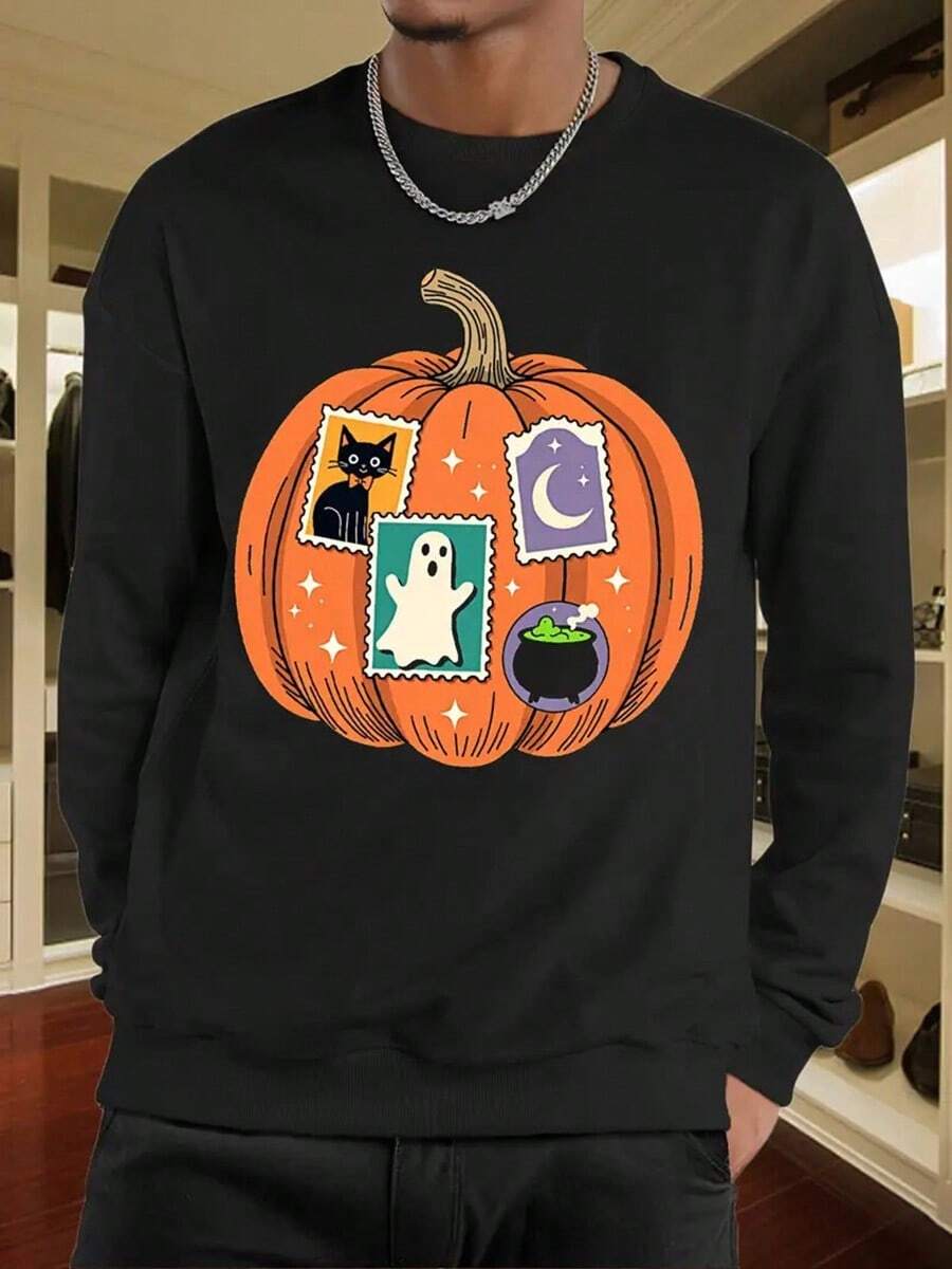 Men'S Halloween Pumpkin Patchwork Sweatshirt With Black Cat, Moon & Cauldron Print - Spooky Orange & Purple Graphic Pullover, Long Sleeve Round Neck Casual Sweater For Fall Parties & Casual Attire,Fall Hoodies,Men's Fall Clothes,Street Wear,Halloween,Mens Hoodies,Y2k Clothes,Jesus Hoodie,Thanksgiving Day,Nightmare Before Christmas,Christmas - 黑色 - 查看 1