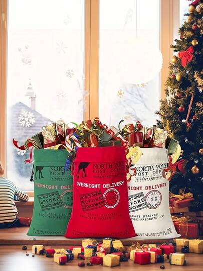 Custom Name Christmas Santa Claus Bag, Overnight Delivered Christmas Gift Bag - Santa Claus Bag, 49.02 X 69.09 Cm, Canvas Drawstring Bag, Festive Decoration And Storage (Red, White, Green), Christmas Bag, Gift Packaging Storage