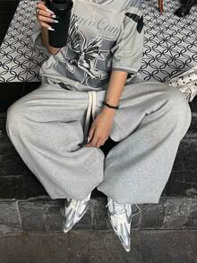 Women's Wide Leg Straight Leg Sweatpants, Y2K Casual Pants With Slant Pockets And Stretch Waist For Comfy Daily Wear - Xám - Xem 2