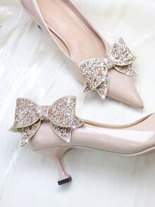 1 对（2 件）可拆卸 DIY 蝴蝶结鞋夹，颜色有黑色、银色、金色、香槟色、杏色、红色，带亮片和水钻，时尚优雅，适合高跟鞋、浅口鞋、平底鞋、婚鞋、办公鞋 - 杏色 - 查看 5