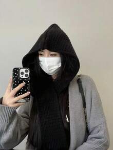 1 Peça Lenço com Capuz de Tricô Fashionável de Cor Sólida Preto/Bege/Cáqui/Marrom/Vermelho com Padrão Trançado, Combinando Estilos Casuais, Boêmios e Elegantes, Confeccionado em Mistura Acrílica Macia Tricotada com Detalhes Trançados e Franjas Intrincados, Design Multifuncional como Lenço com Capuz, Xale