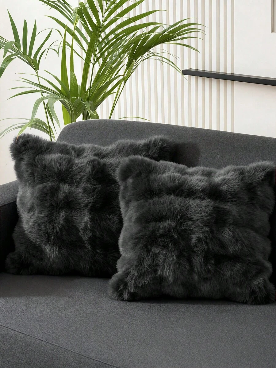 1 件纯色毛绒靠垫套，多色可选，人造毛皮舒适柔软条纹装饰抱枕套，温暖舒适，毛绒表面，拉链开合，适用于客厅、卧室、派对装饰，不含内衬，适合 12x20/16x16/18x18 英寸，可机洗，秋季装饰，冬季装饰，房间装饰 - 黑色 - 查看 1