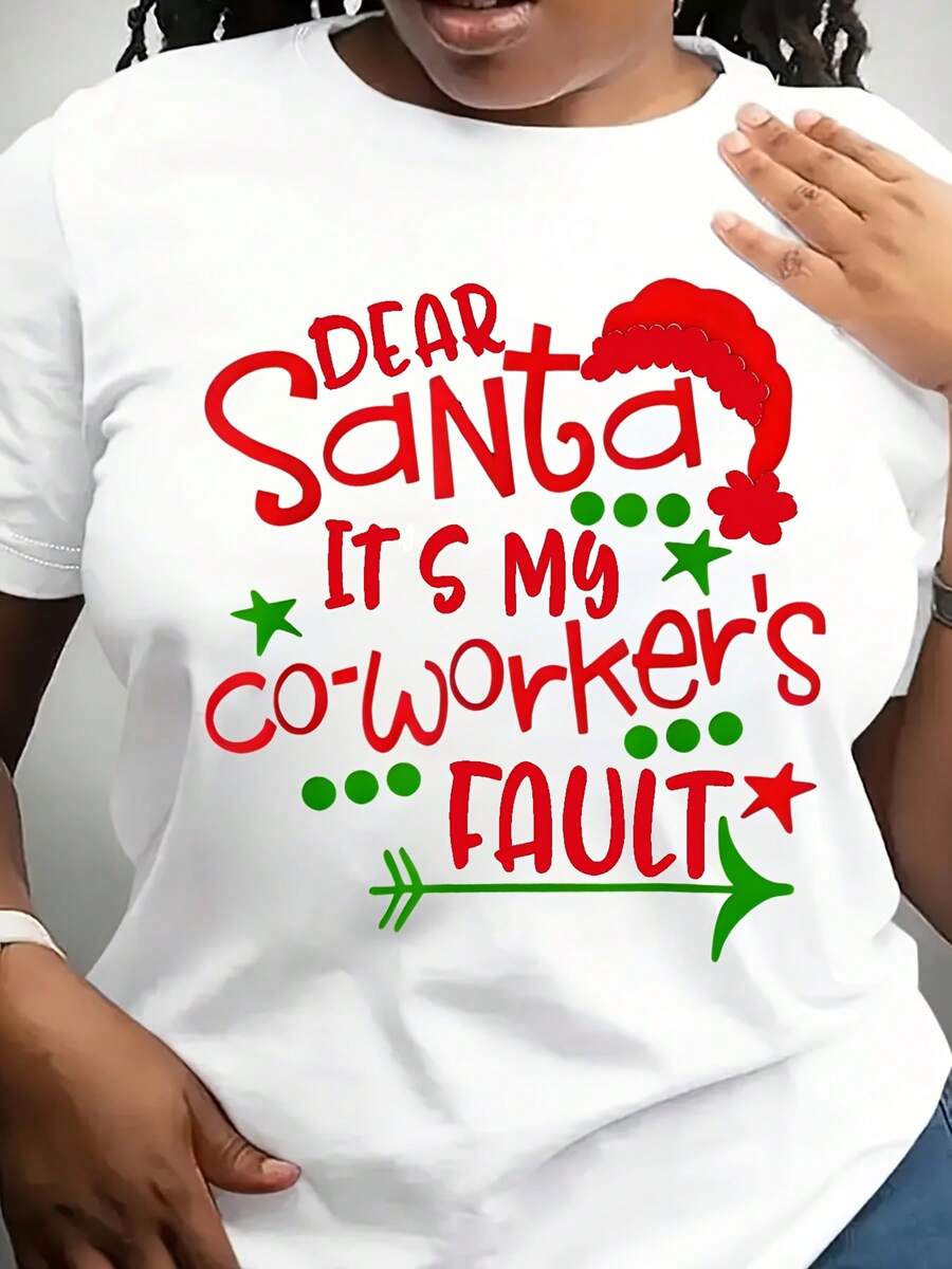 Santa Women's T-Shirt With Dear Santa It's My Co-Worker's Fault Graphic Design For Christmas Party Festive Season Wear,Great For Halloween,Christmas,Thanksgiving Party - trắng - Xem 1