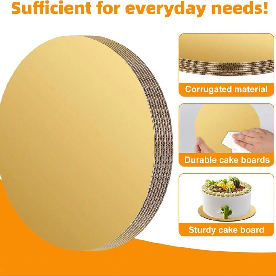 7-Piece 25cm Gold Cake Tray, Wooden Baking Board For Cakes, Crafts, Desserts And Puddings, Round - Gold - View 1