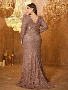 Váy dạ hội dài chấm đất hở lưng cổ chữ V sâu tay công chúa xẻ cao xếp nếp sequin - Cà phê nâu - Xem 4