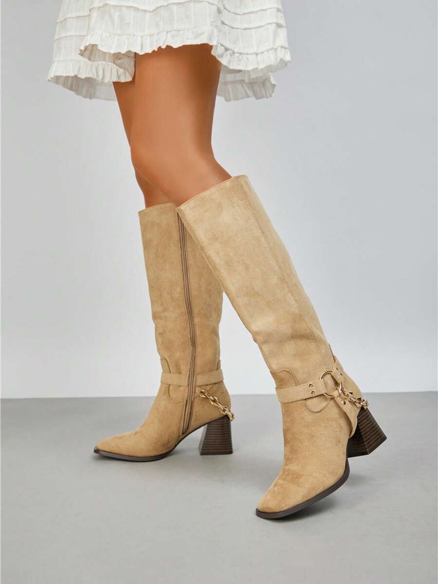 fandelle Stivali alla coscia casual alla moda con tacco chunky - Cachi - Visualizzare 1