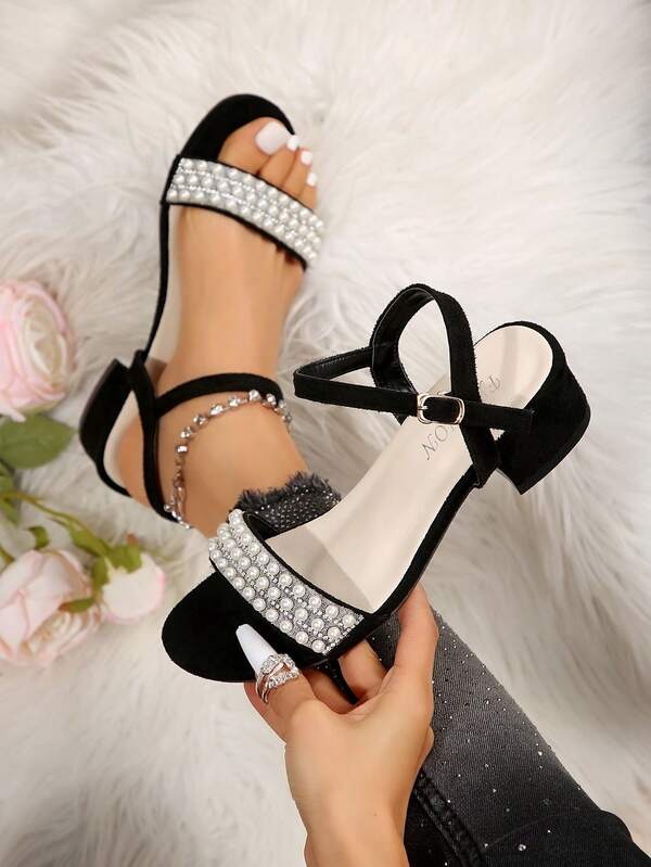 Sepatu Hak Tinggi Hitam Baru untuk Wanita/Desain Tali Ujung Terbuka Klasik, Hiasan Mutiara Imitasi & Rhinestone pada Bagian Atas Sepatu, Hak Tebal, Ujung Bulat, Tali Gesper yang Dapat Diatur, Nyaman & Serbaguna, Elegan & Modis, Cocok untuk Pemakaian Sehari-hari, Kencan, Pesta, Liburan, Pernikahan