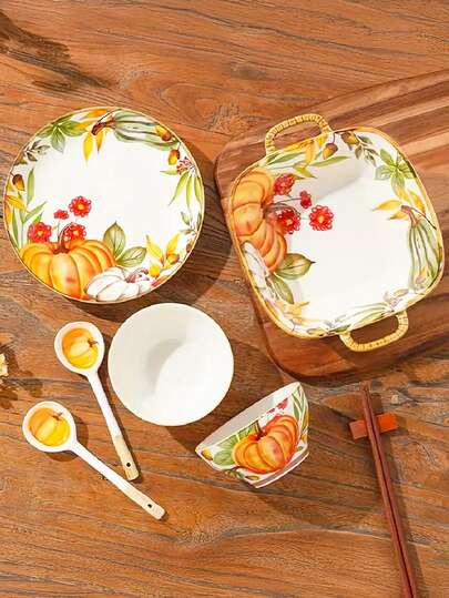 4/6 قطعة طقم أواني طعام خزفية، طبق وأطباق طعام بنمط اليقطين، طبق تقديم، ملاعق، طقم أدوات مائدة بطراز ريفي لحفلات الهالوين، الولائم، المنزل، المطبخ، المطعم، آمن للغسالة الآلية والفرن والميكروويف