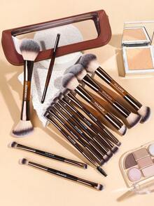 MAANGE 6支/13支/14支专业化妆刷套装，包含化妆包、散粉刷、腮红刷、睫毛膏刷、眼影刷、眉刷、高光刷、修容刷、唇刷、粉底刷、眼线刷。这款化妆工具套装是送给女性和女孩的理想旅行化妆刷套装。 - 棕色 - 查看 3