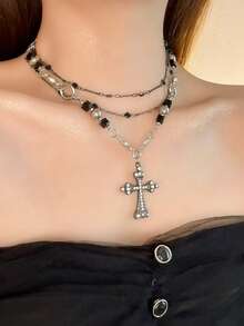 1 Dây chuyền xích thánh giá nhiều lớp, chất liệu kim loại khảm Zirconia đen, phong cách Gothic phù hợp cho nam và nữ, đeo dự tiệc và hàng ngày - Nhiều màu - Xem 3