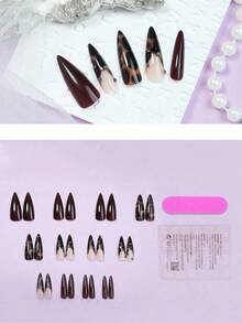 24 Pieces Long Pointed Brown Leopard French Nail Stickers With Silver Bead Design, Retro Style Full Cover Fake Nails, Suitable For Women And Girls Daily Wear - 多色 4 - 查看 9