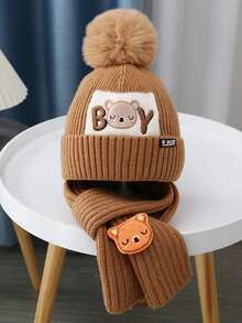 2pcs Teddy Bear Knit Hat & Scarf Set, Thick Warm Knitted Beanie, Suitable For Outdoor Use In Winter, Holiday Outfit, Comfortable Winter Holiday, Washable, Warm Fabric, Winter Accessory, Holiday Outfit Autumn Decor