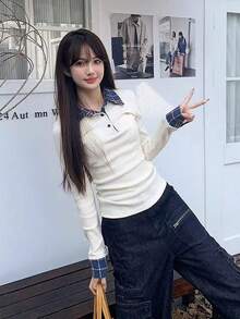 女式 Polo 领二合一格子拼接长袖 T 恤，时尚修身设计 - 白色 - 查看 2