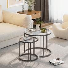 Nesting Coffee Table, 23.6" Round Coffee Table Set Of 2, Glass Nesting Table With Metal Frame, Ceter Tables For Living Room Bedroom Balcony - Black - View 3