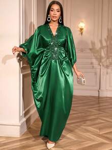 AOMEI 优雅紫红色缎面非洲印花长裙,泡泡袖,V领,水钻装饰,宽松廓形 - 适合节日派对和正式场合的迷人服饰 | 传统非洲服装,时尚系列中的独特晚礼服,适合新年夜穿着 - 墨綠色 - 查看 5