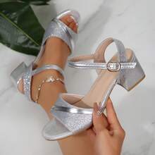 Plus Size Women's High Heels 5CM Spring/Summer 2025 New Fashion Comfortable PU Anti-Slip Thick Heel Close Toe Strap Buckle Silver Bow Round Toe Open Toe Sandals, Suitable For Travel, Vacation, Casual, Shopping, Dancing, Party