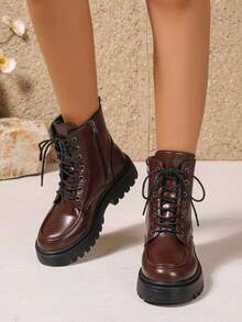 女士保暖内衬冬季靴，黑色和棕色厚底工装靴，带毛绒内衬，侧拉链系带真皮厚底靴，秋冬季 - 棕色 - 查看 5