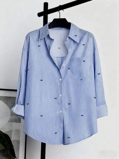Women's Long Sleeve Stripe Shirt Blouse With Button Front And Relaxed Fit