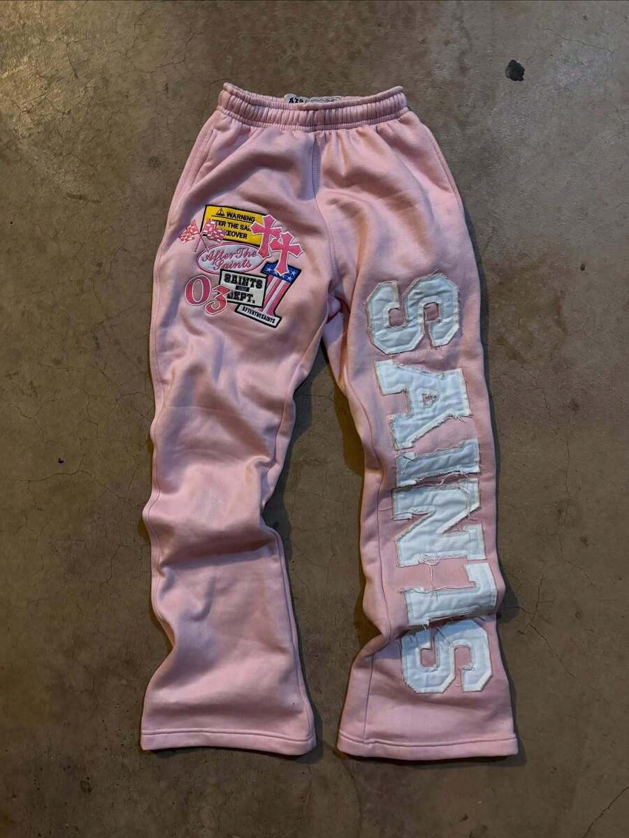 Saints Brand New Elastic Waist Design Relaxed Casual Style Pink Floor-Length Sports Pants With Embroidered Patch Pattern - Hồng - Xem 1