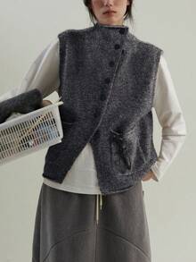 Alicedudu Gilet cardigan femme minimaliste à design de patte oblique pour l'automne/hiver - Gris foncé - Voir 4