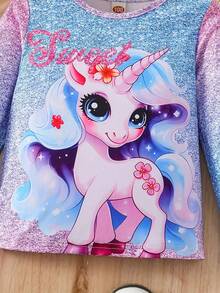 2pcs Girls Clothes Set, Cute Cartoon Unicorn, Flower & Rainbow Print, Girls Gift, Comfortable & Fashionable Long Sleeve T-Shirt, Suitable For Spring & Autumn, Casual Everyday & Outdoor Wear - Multicolor - View 7