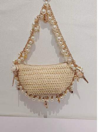 1 件小众复古草编贝壳珍珠手提包，配链条肩带，适合休闲度假、婚礼派对、斜挎包
