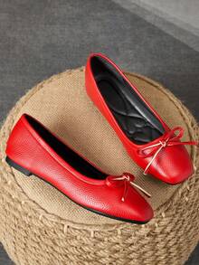 MonaNise Women's Fashion Square Toe Low Vamp Apricot Bow Flat Shoes, Black & White Outdoor Casual High-End Khaki Versatile Flats - Red - View 3