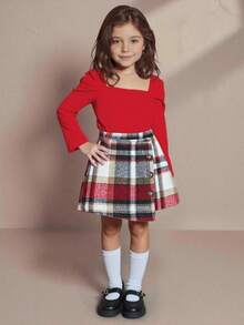 Anewsta 2pcs/Set Young Girl Christmas Outfit - Ruffle Crew Neck Red T-Shirt Top Paired With Classic Red & White Plaid Flannel Asymmetrical Skirt, Casual Daily Fashion, Suitable For Christmas & Other Occasions, Autumn/Winter